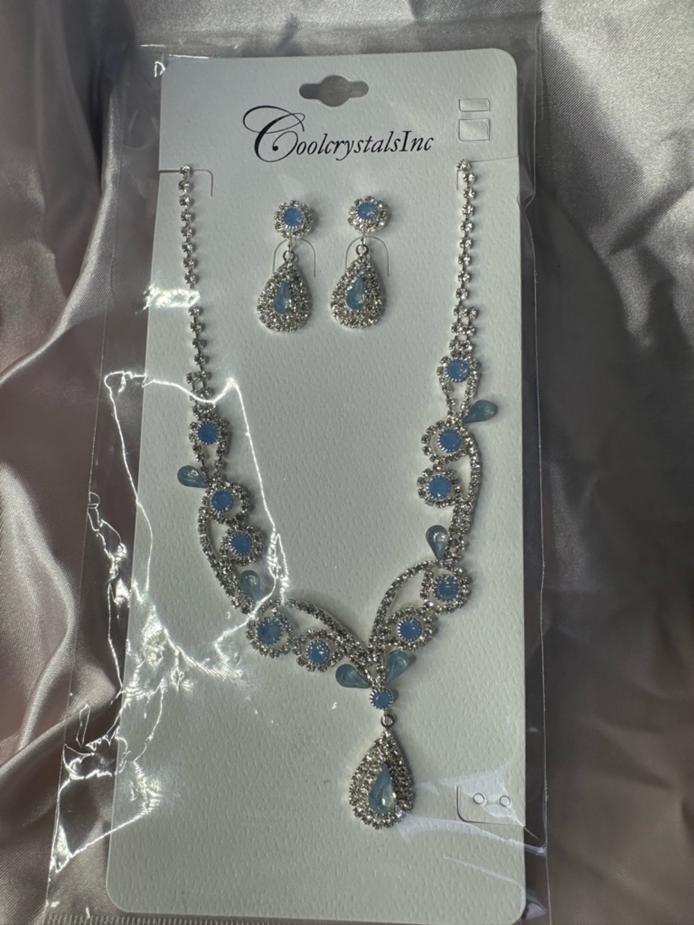 Ice Blue Crystal Necklace & Earrings Set Silver Tone | Bridal Prom Formal - Picture 14 of 15